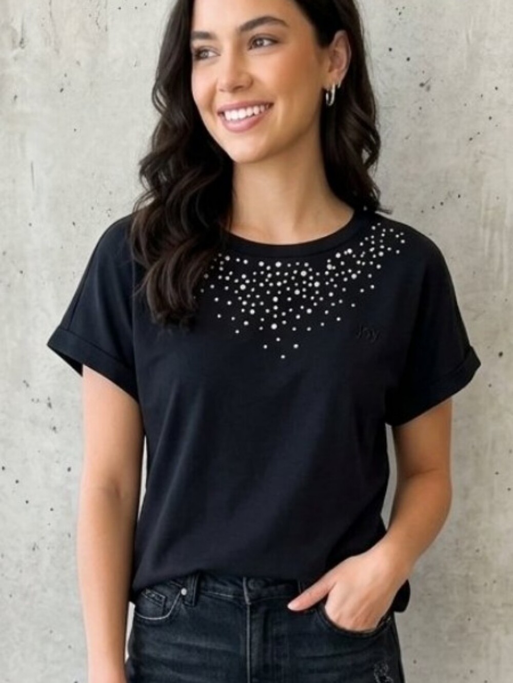 Ontwelth Black Embellished Crewneck Tee With Rhinestone embellishments Sz S